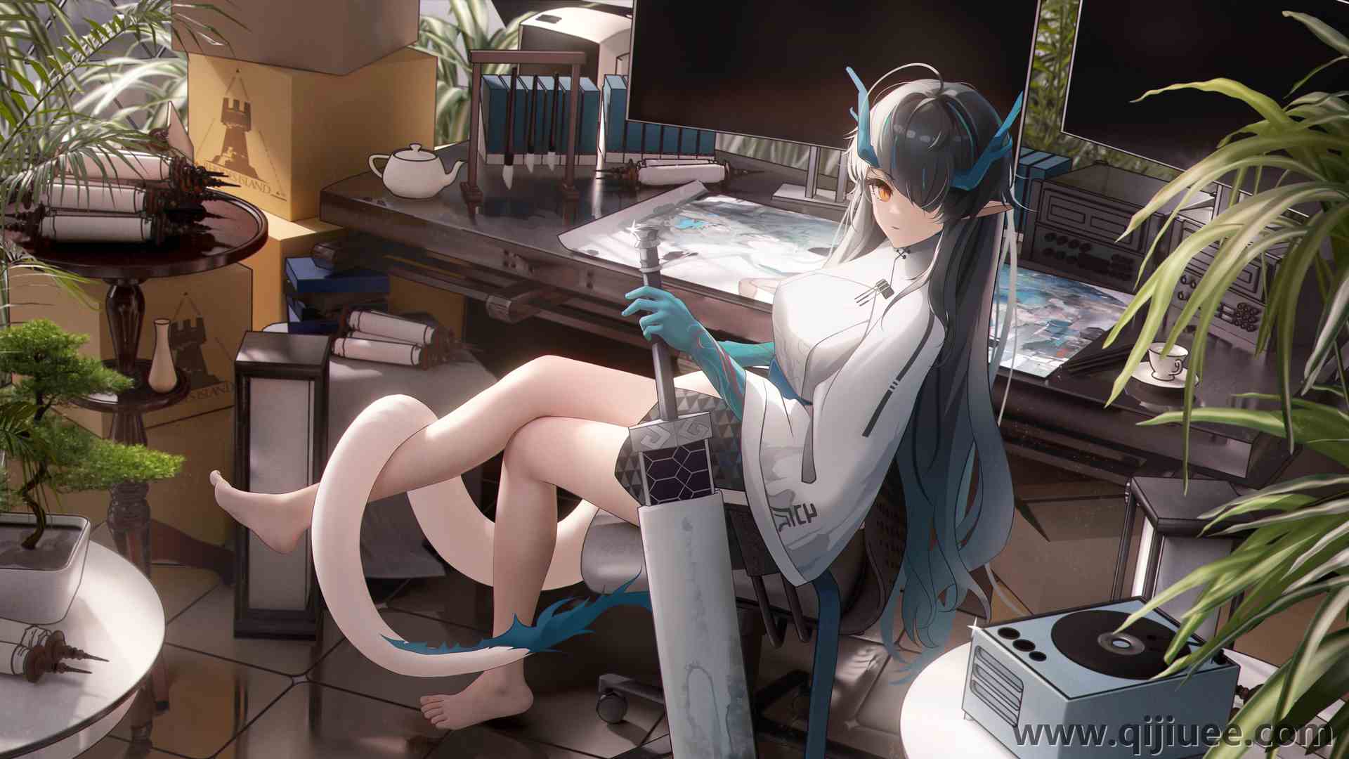 黄昏 武士 动漫女孩 龙女孩 兽耳 武器 角 3840 x 2160/2.45 MB-柒染云阁