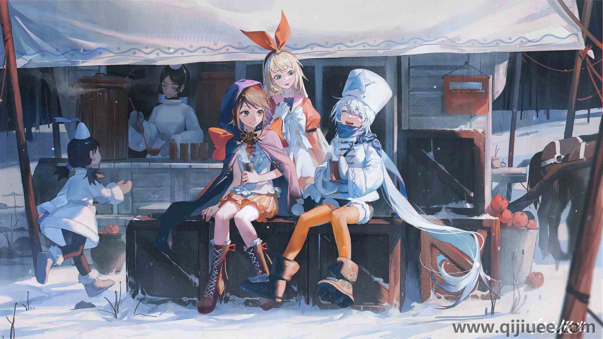 动漫女孩 冬天 雪 饮料 围巾 项链 烹饪 帽子 4096 x 2304/2.31 MB-柒染云阁