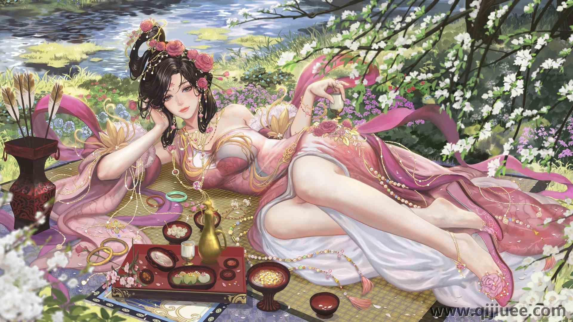 女性 微笑 花 大自然 水 草 头发里的花 树枝 衣服 3840 x 2160/2.1 MB-柒染云阁