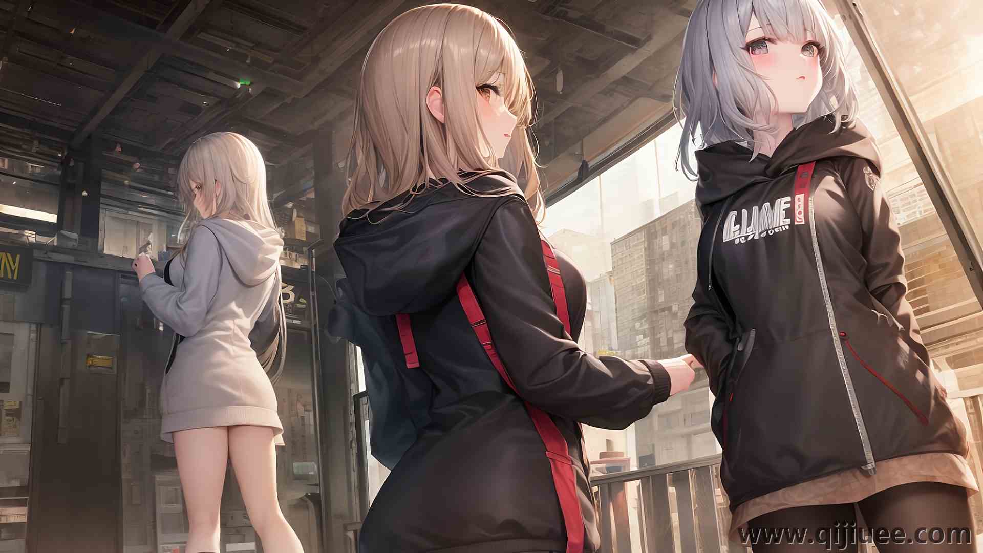 动漫女孩 灰色连帽衫 回头看 兜帽 脸红 低角度 3840 x 2160/1.43 MB-柒染云阁