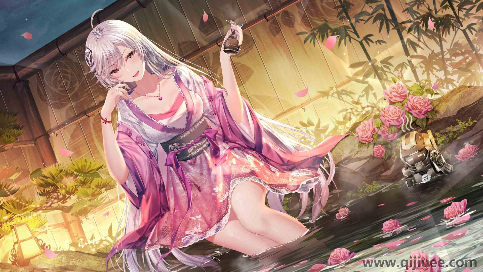 凯伦 长发  动漫 动漫女孩 银发 服装 温泉 3840 x 2160/1.84 MB-柒染云阁