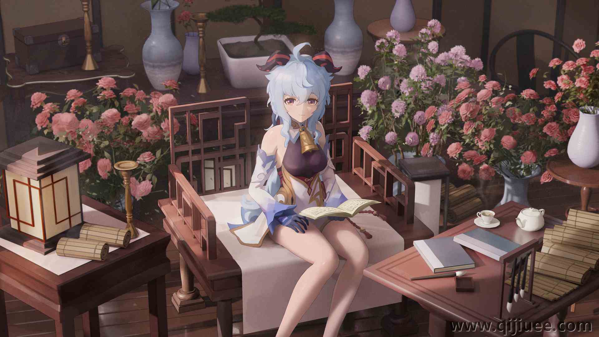 蓝发 原神 赣语 动漫女孩 号角 书籍 鲜花 3840 x 2160/2.73 MB-柒染云阁