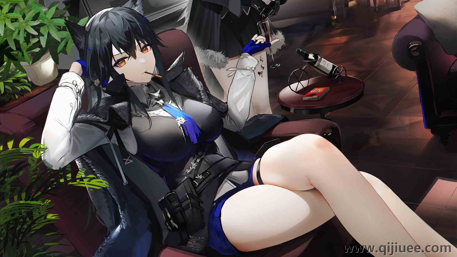 动漫 动漫女孩  茶 明日方舟 黑发 葡萄酒 植物 狼女 3840 x 2160/1.9 MB-柒染云阁