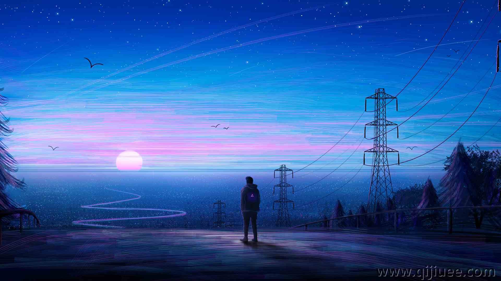 AI艺术 星星 树木 日落 鸟 蓝色 电力线 3840 x 2160/1.74 MB-柒染云阁