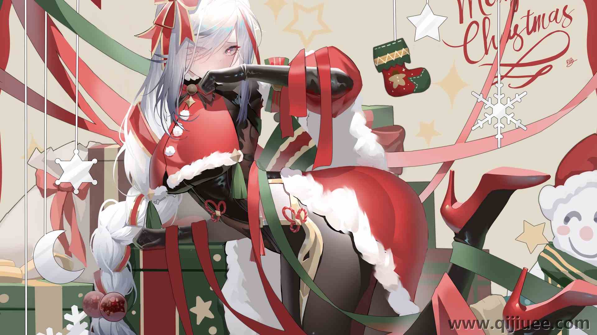白发 辫子 神河 动漫女孩 圣诞服装 圣诞礼物 圣诞节 雪人 高跟鞋 3840 x 2160/1.14 MB-柒染云阁