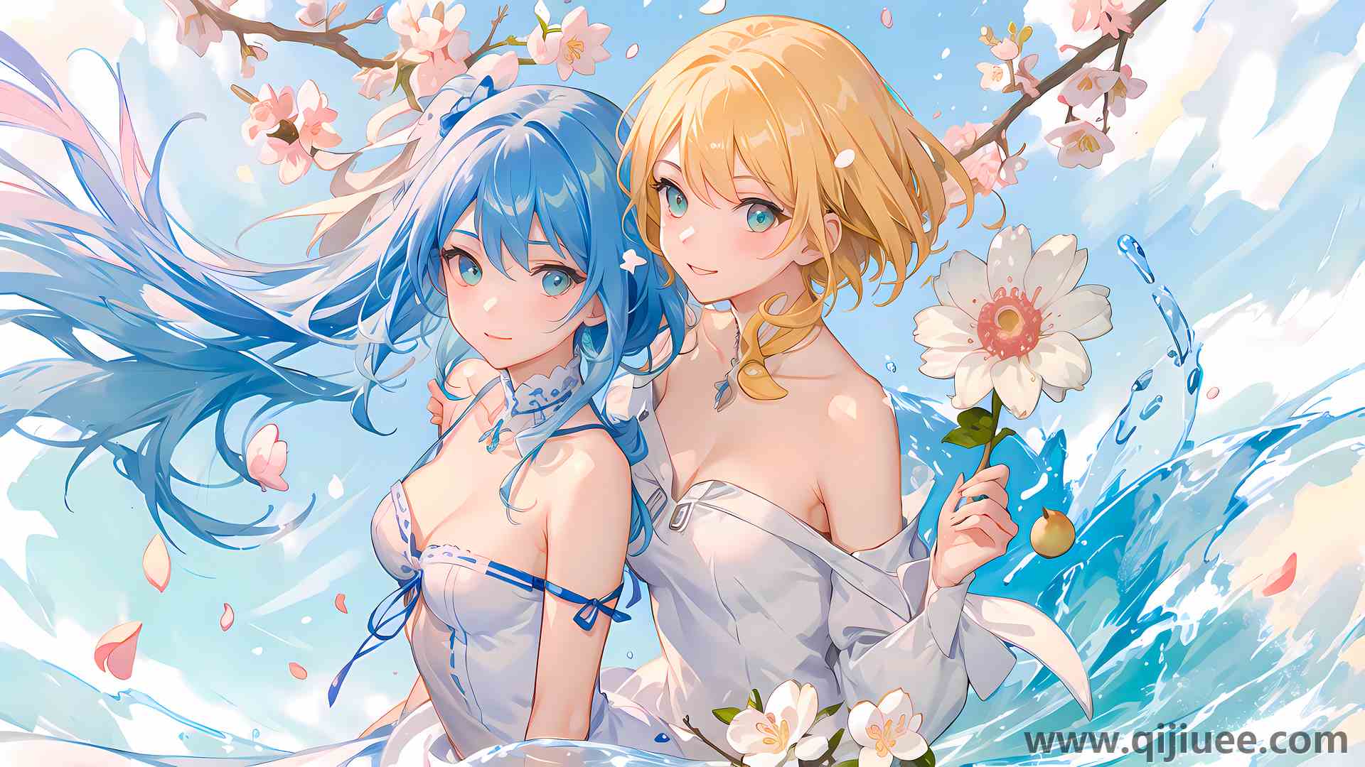 蓝色头发 微笑 长发 短发 艺术 头发里的花 裙子 3840 x 2160/2.01 MB-柒染云阁