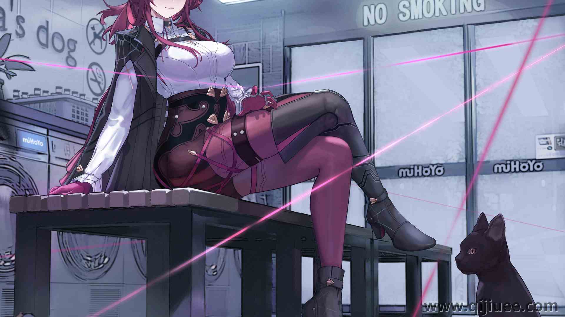 微笑 卡夫卡 动漫女孩 紫色眼睛 格子 猫 动物 7808 x 6967/11.27 MB-柒染云阁
