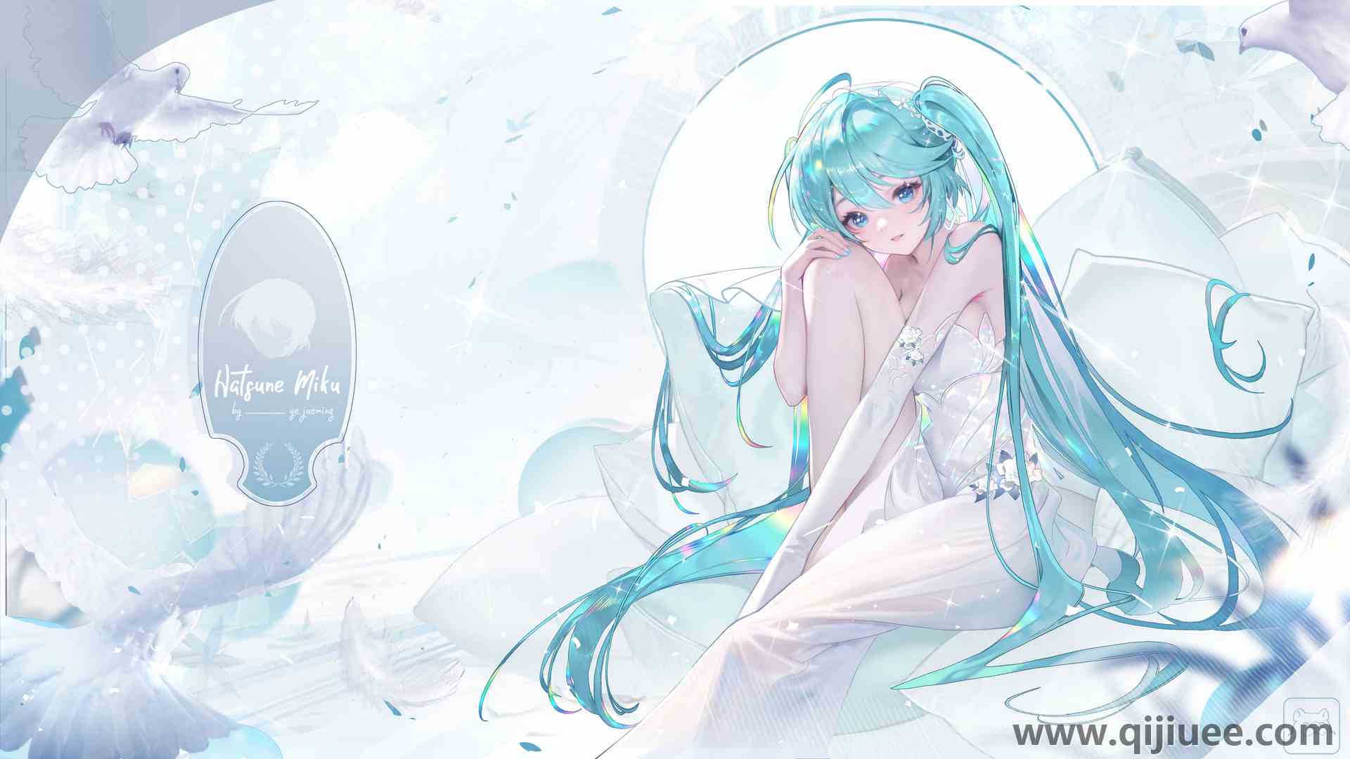动漫女孩 小提琴 青色头发 水色眼睛 双尾 连衣裙 鸟 5377 x 3024/2.9 MB-柒染云阁