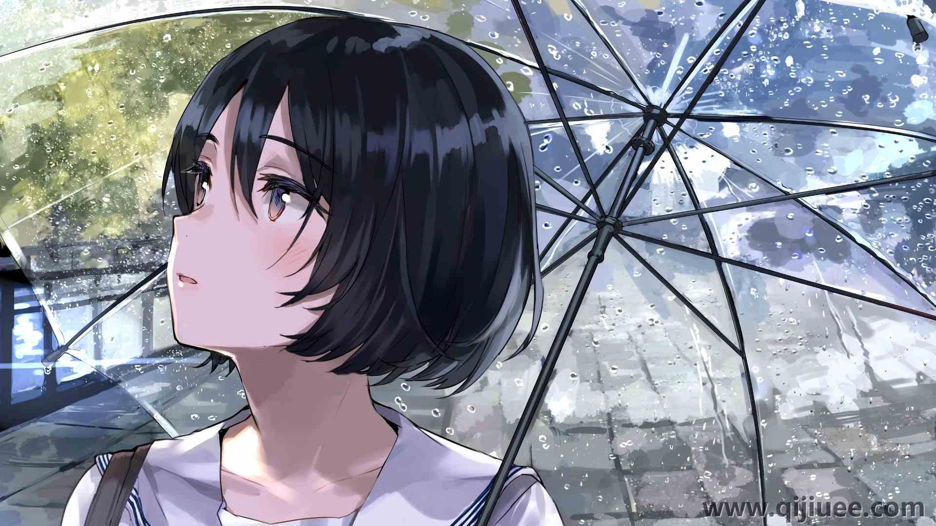 原创人物 短发  校服 雨伞 雨 剪裁 特写 3840 x 2160/1.89 MB-柒染云阁