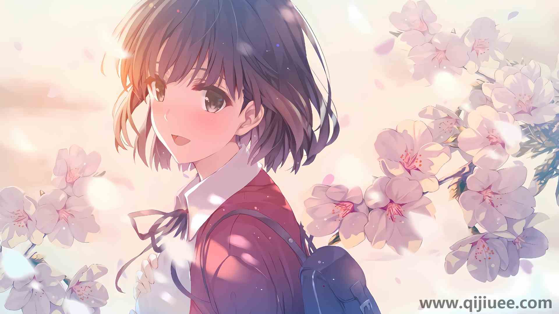 短发 动漫女孩 樱花 背包 加藤美美 赛奈女主角 索迪卡塔 鲜花 校服 3840 x 2160/1.04 MB-柒染云阁