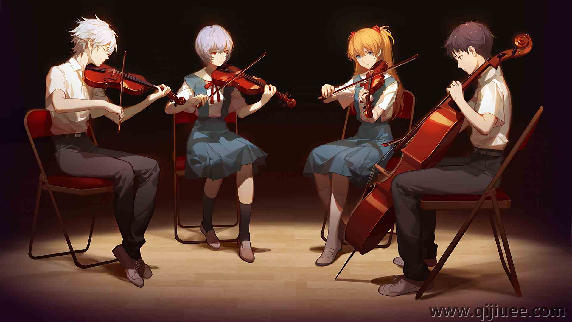 动漫女孩 动漫男孩 小提琴 大提琴 乐器 霓虹创世纪福音 椅子 3840 x 2160/2.31 MB-柒染云阁