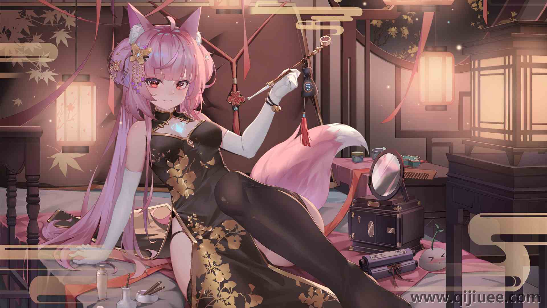 粉色头发 狐狸尾巴 狐尾 动漫 动漫女孩 兽耳  中式服装 3840 x 2160/1.86 MB-柒染云阁