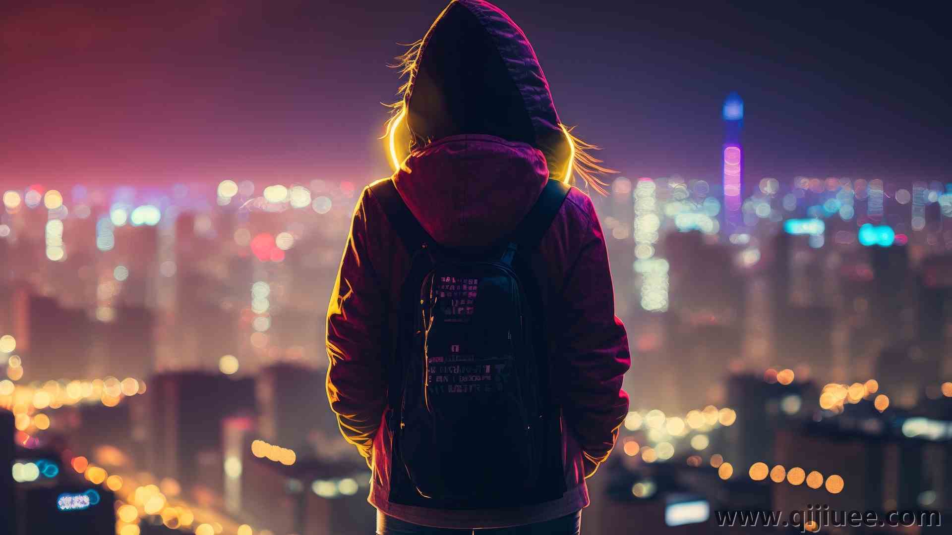 女人 人工智能艺术 城市 天际线 夜晚 城市灯光 赛博朋克 兜帽 背包 3840 x 2160/1.15 MB-柒染云阁