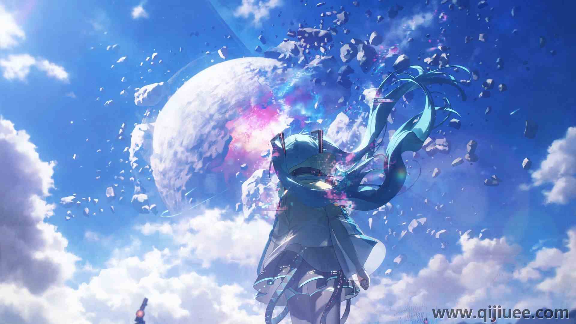 仰望 站立 蓝发 长发 动漫 小提琴 初音 小提琴 动漫女孩 3840 x 2160/0.7 MB-柒染云阁