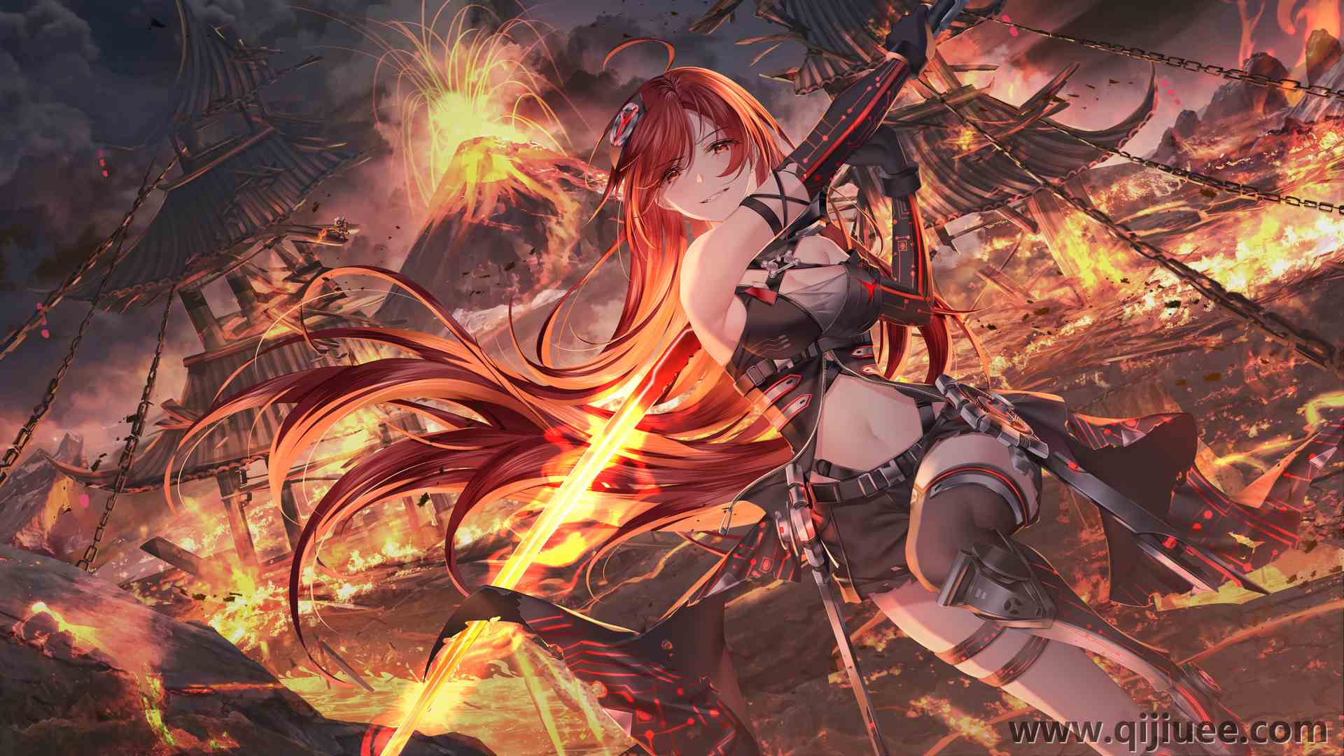 红头发 红眼睛 长发 微笑 动漫 动漫女孩  火山喷发 剑 3840 x 2160/2.2 MB-柒染云阁