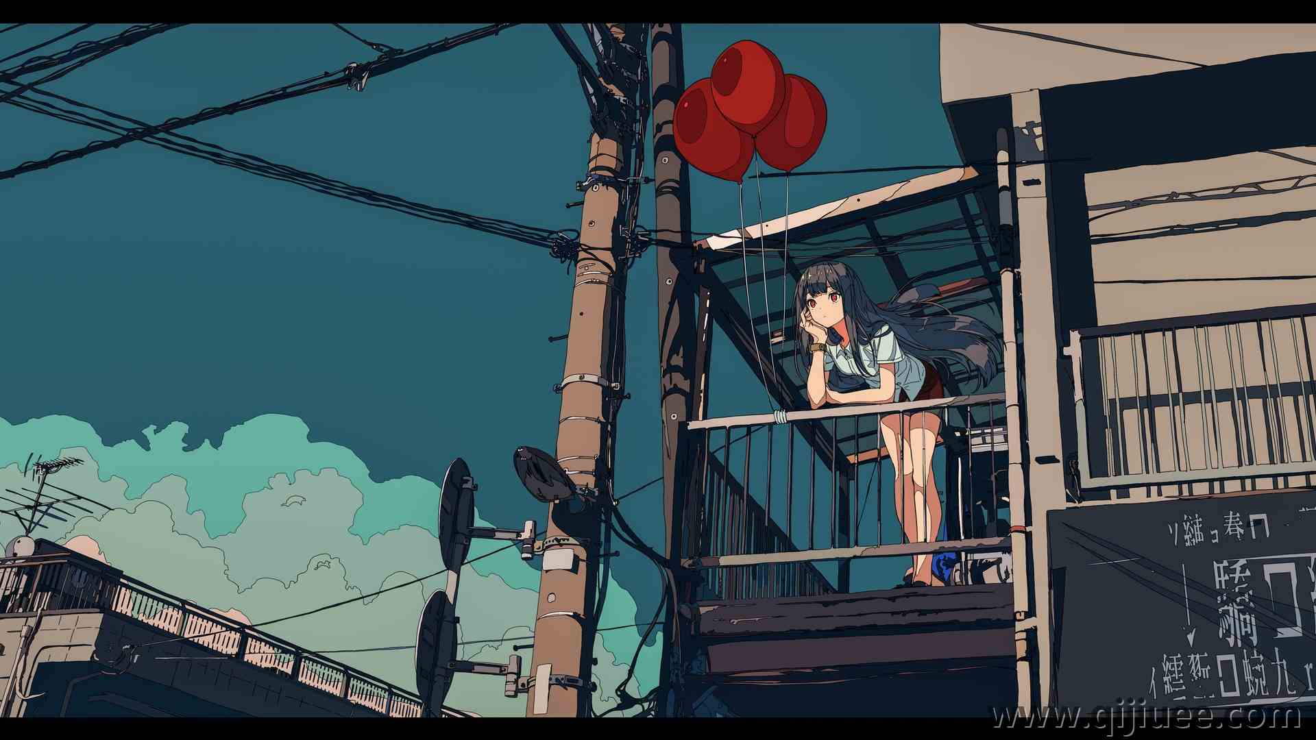 长头发 红眼睛 深色头发 动漫女孩 气球 3840 x 2160/1.36 MB-柒染云阁