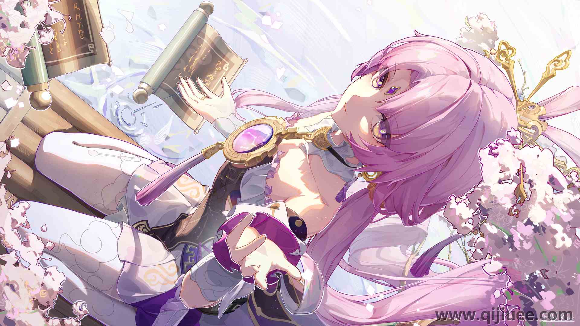长发 粉色头发 微笑  动漫女孩 水 黄眼睛 签名 卷轴 双尾 4408 x 2480/5.65 MB-柒染云阁