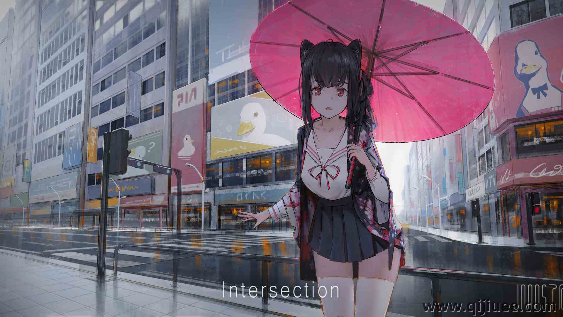 深色头发 户外女人 长发 动漫 动漫女孩 城市 手拿雨伞3840 x 2160/2.7 MB-柒染云阁