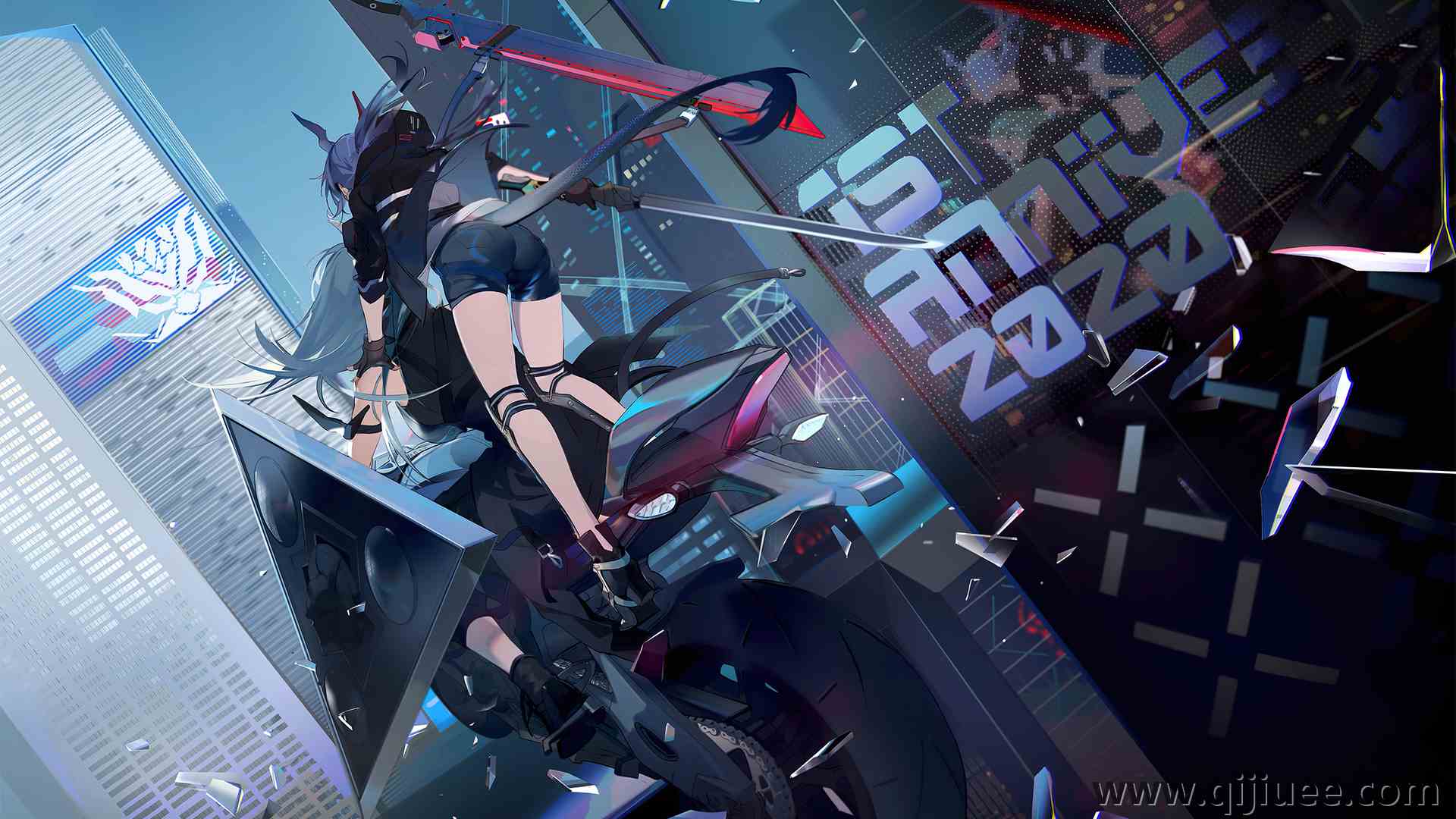 游戏CG角色 蓝色头发 长发 马尾辫  骑机车的女孩3840 x 2160/2.46 MB-柒染云阁