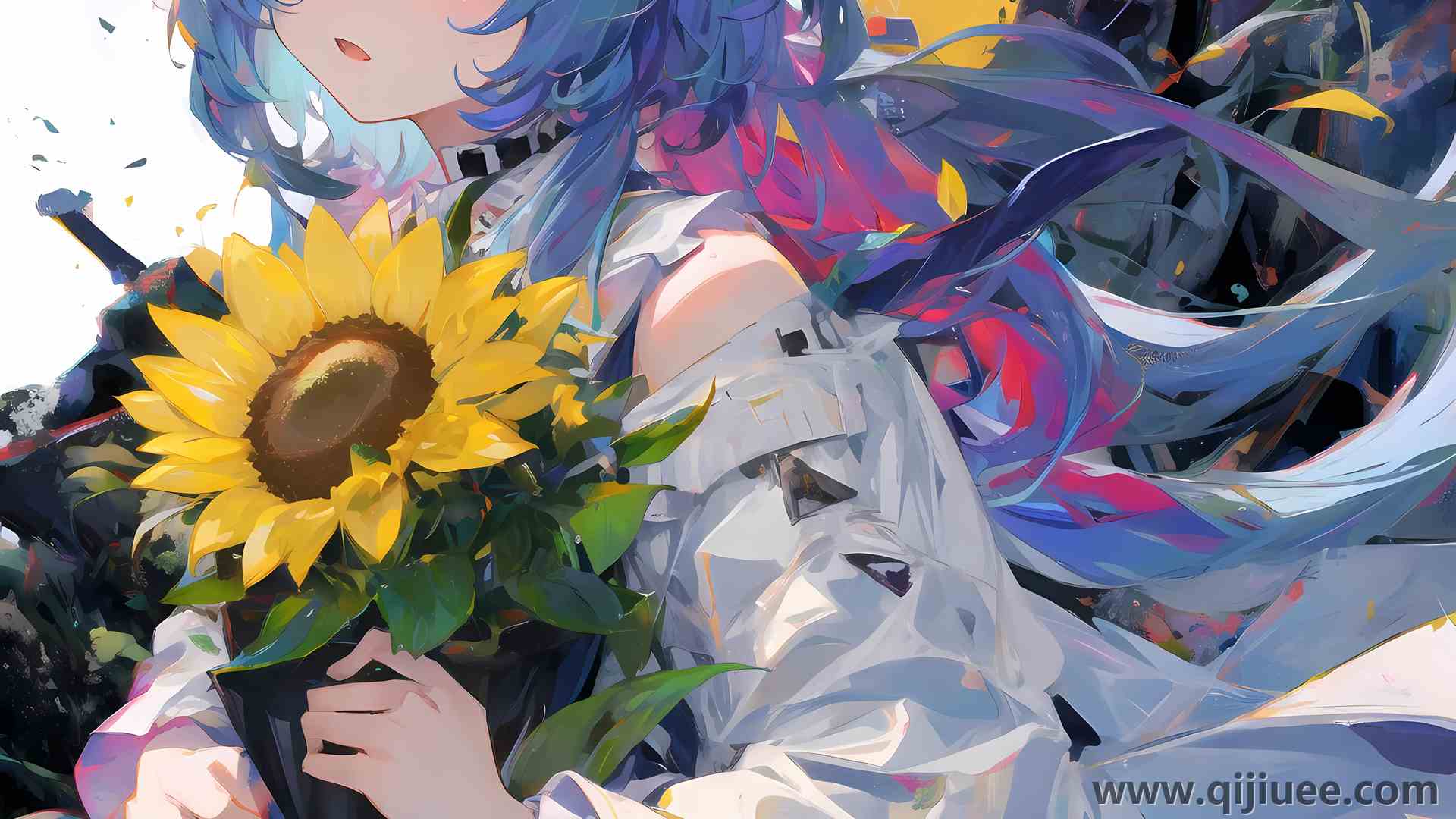 动漫 动漫女孩 角 花 向日葵 叶子 花瓣 艺术 赣语3840 x 2160/1.6 MB-柒染云阁
