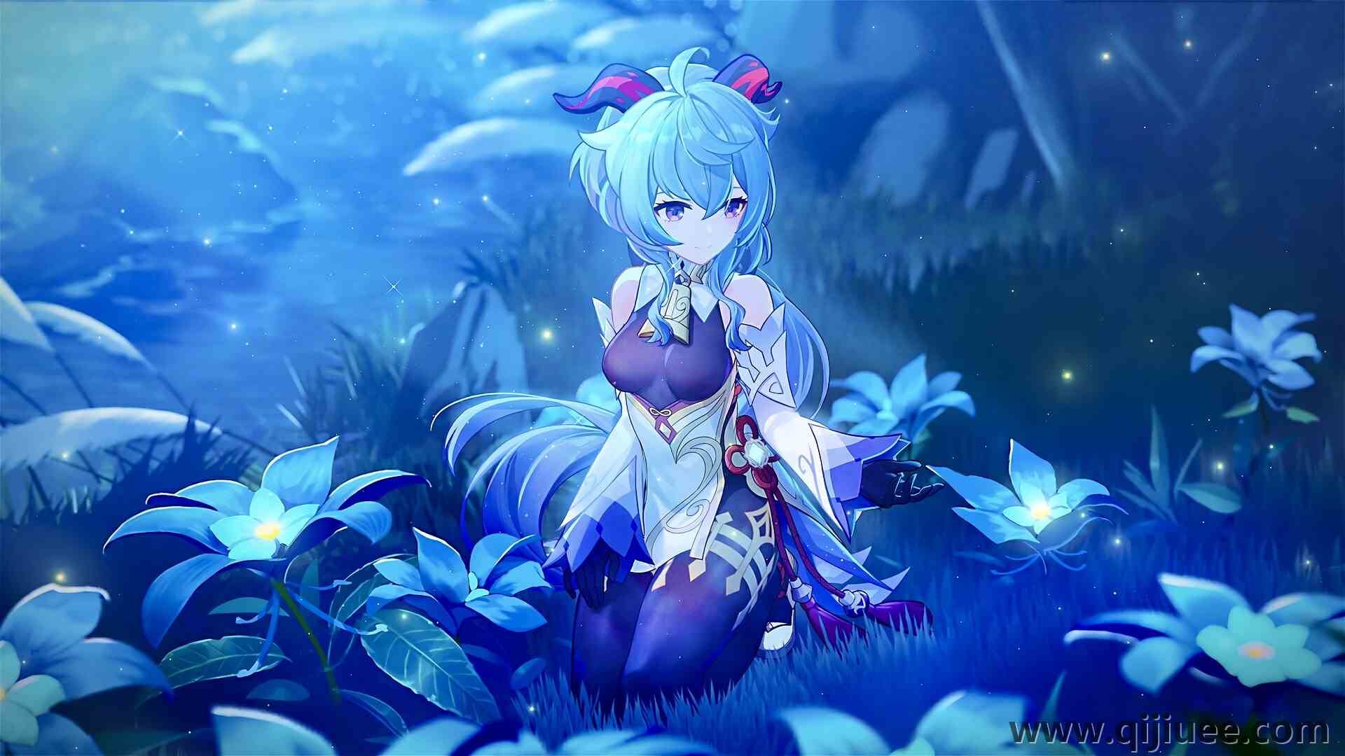 幻想女孩 微笑 原神 动漫女孩 蓝色  花 叶 草 3840 x 2160/1.36 MB-柒染云阁