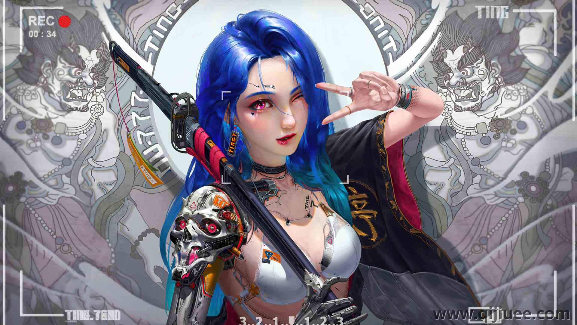 蓝色头发 和平手势 长发 动漫女孩 赛博朋克 武士  电脑壁纸 4K壁纸3840 x 2160/1.89 MB-柒染云阁