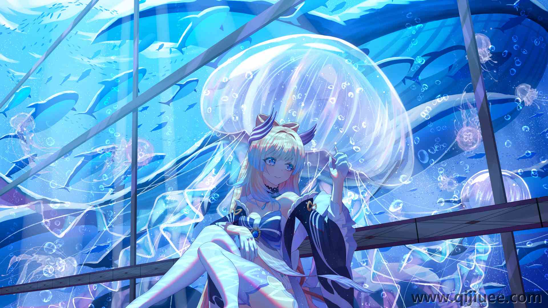 双色调头发 水母 动物 鱼 水 泡泡 鲸鱼 3840 x 2160/3.07 MB-柒染云阁