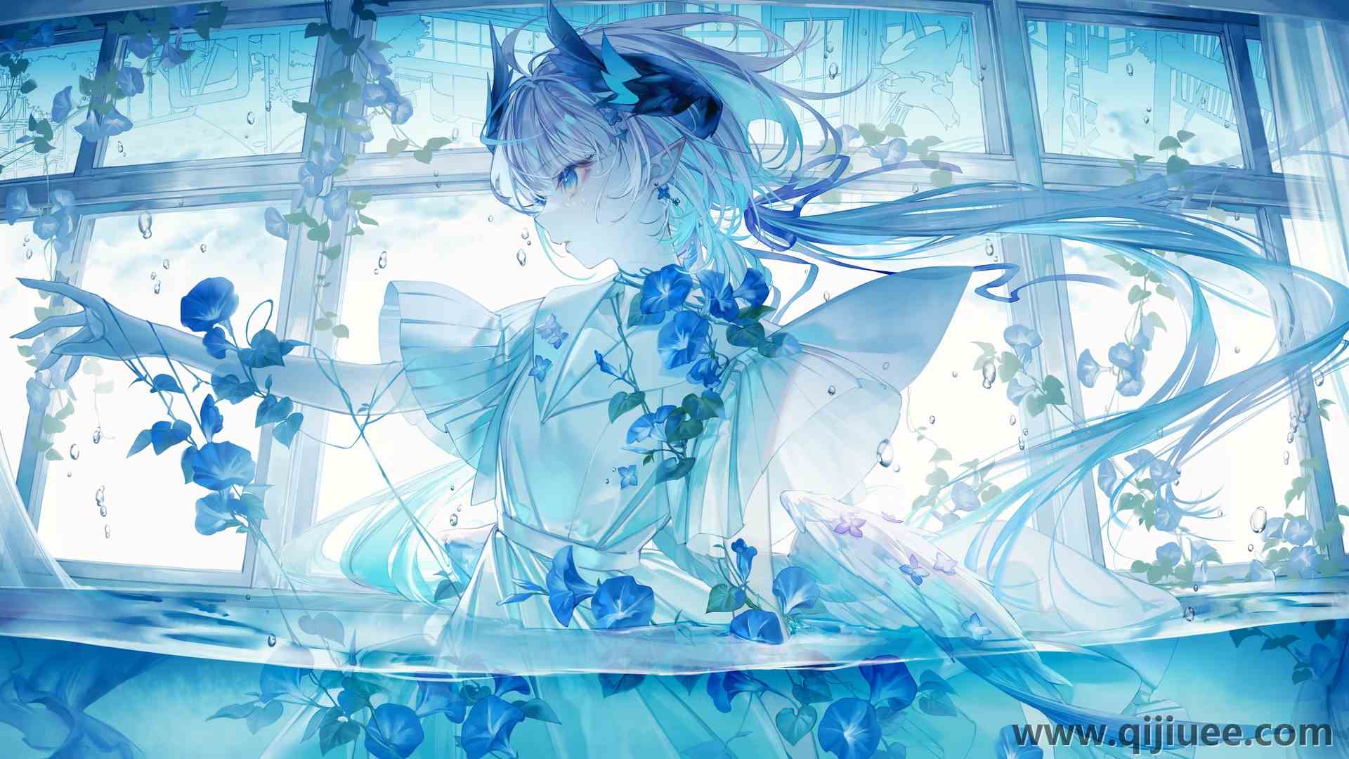 动漫女孩 发带 白色连衣裙 连衣裙 双色调头发 站在水中3840 x 2160/1.81 MB-柒染云阁