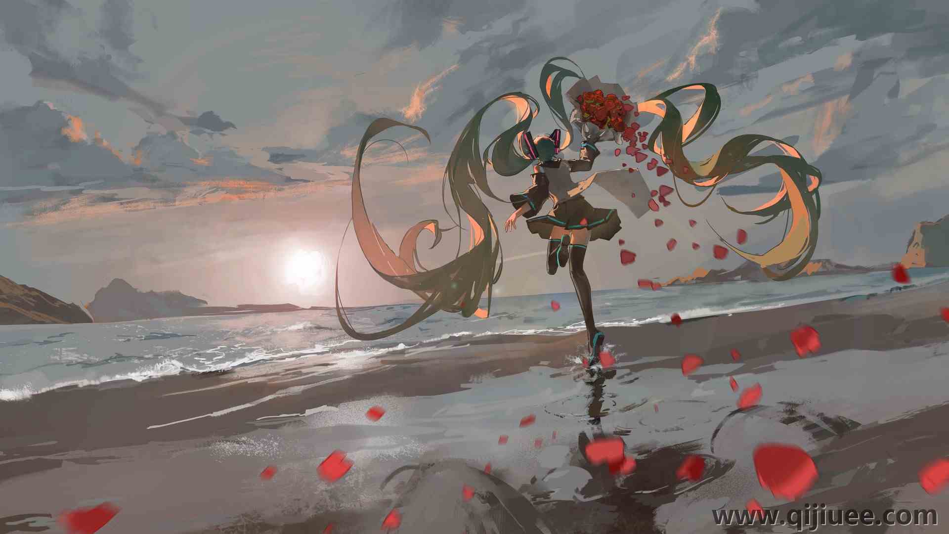 动漫女孩 跑步 夕阳辉光   海滩上的女人 波浪 3840 x 2160/0.86 MB-柒染云阁