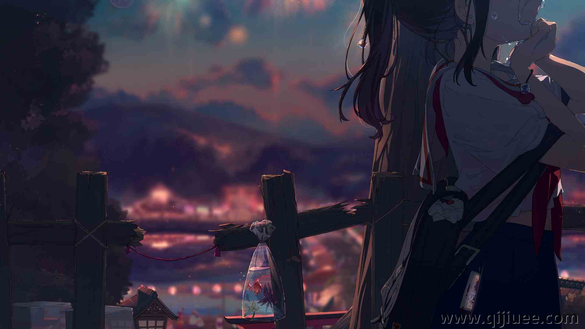 动漫 动漫女孩 AI艺术 哭泣 夜晚 烟花 校服 3840 x 2160/1.51 MB-柒染云阁