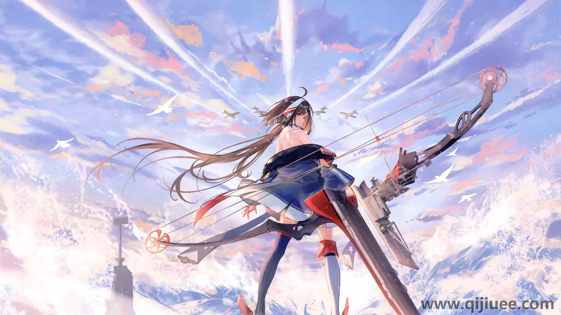 天空 云 动漫女孩 回头看 水 武器 鸟 飞机  电脑壁纸 4K壁纸3840 x 2160/5.99 MB-柒染云阁