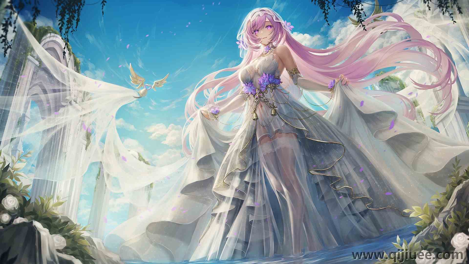 长发 粉色头发花瓣 天空 云彩 鲜花 小角度 白色连衣裙  电脑壁纸 4K壁纸4400 x 2200/5.8 MB-柒染云阁