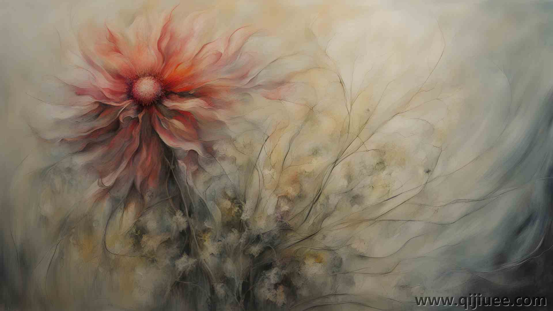 花园 红色 抽象 油画 电脑壁纸 4K壁纸5376 x 3072/2.68 MB-柒染云阁