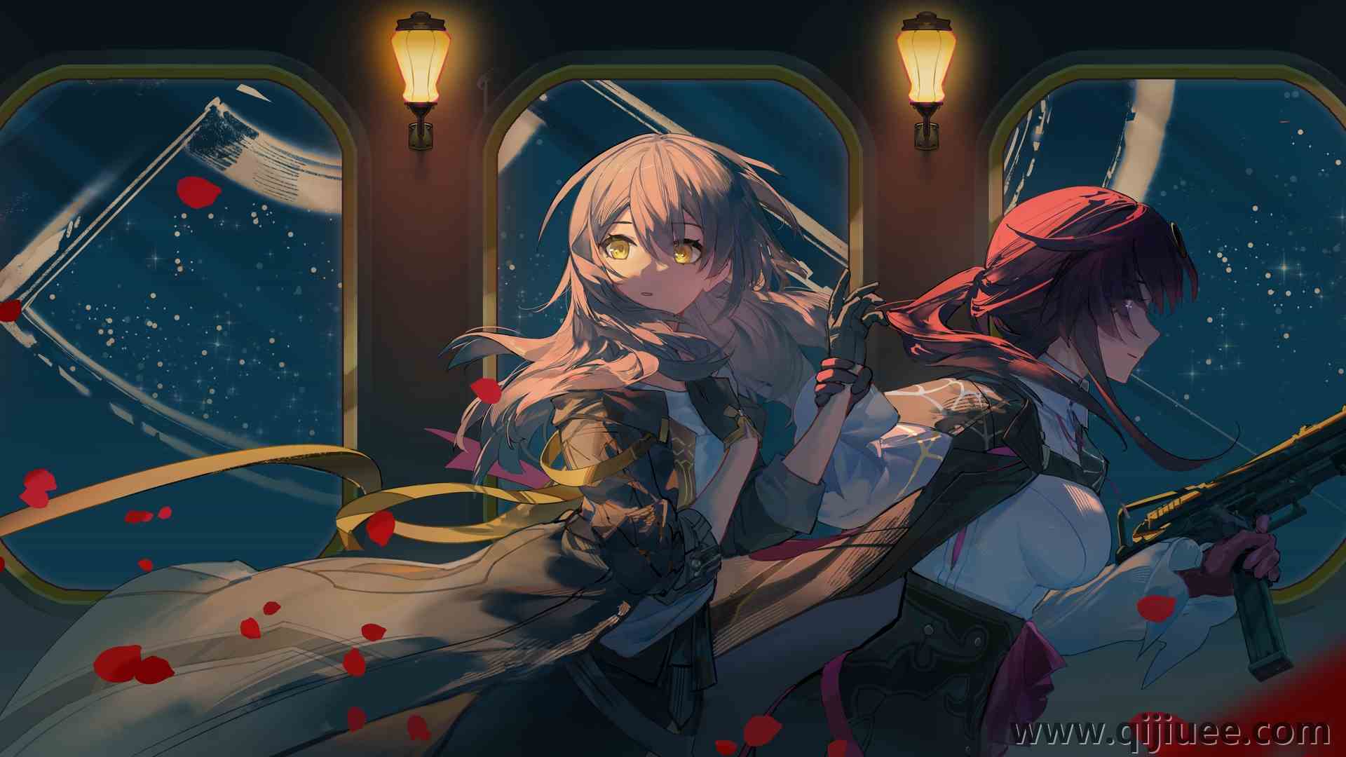 持枪女孩 长发  动漫 动漫女孩 武器 灯 白发 花瓣 枪 跑步 手套  电脑壁纸 4K壁纸6300 x 2700/2.58 MB-柒染云阁