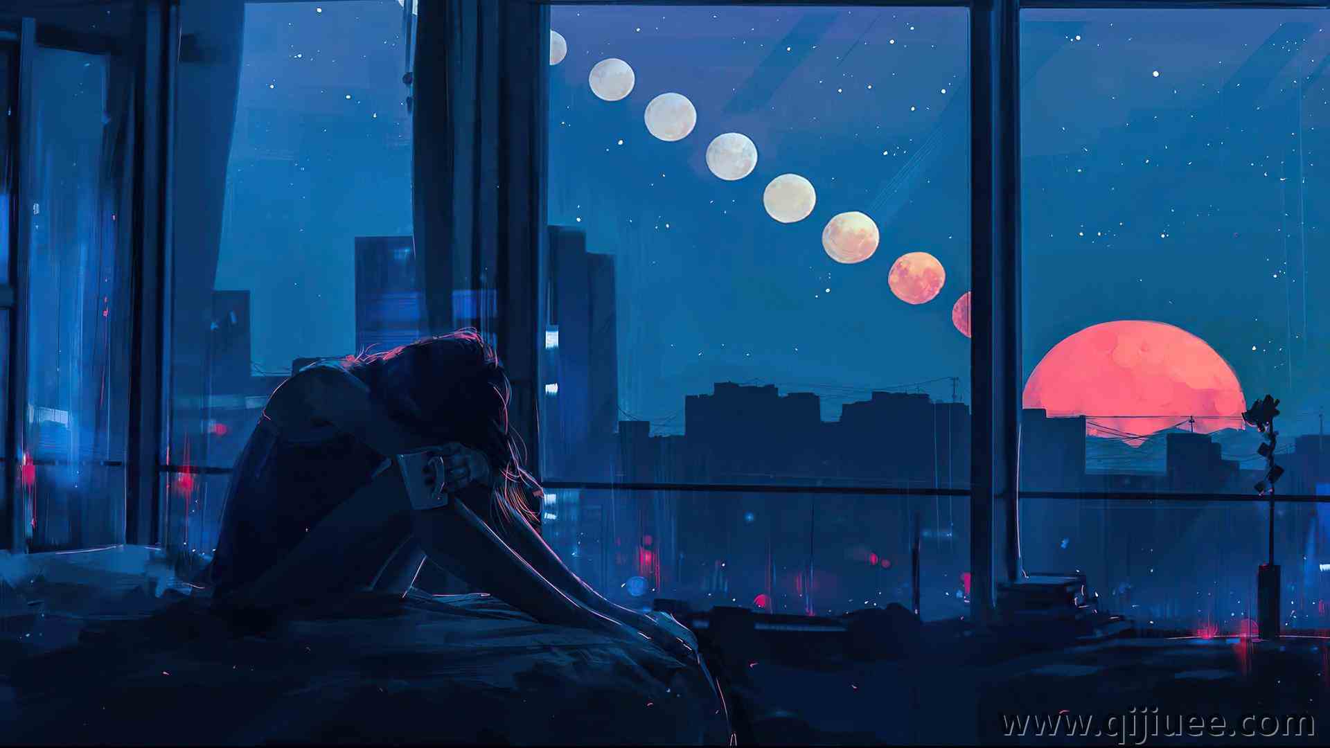 坐着 床 窗 月亮 天空 夜 卧室 独自 沮丧 星星 杯子 建筑  电脑壁纸 4K壁纸3840 x 2160/0.35 MB-柒染云阁