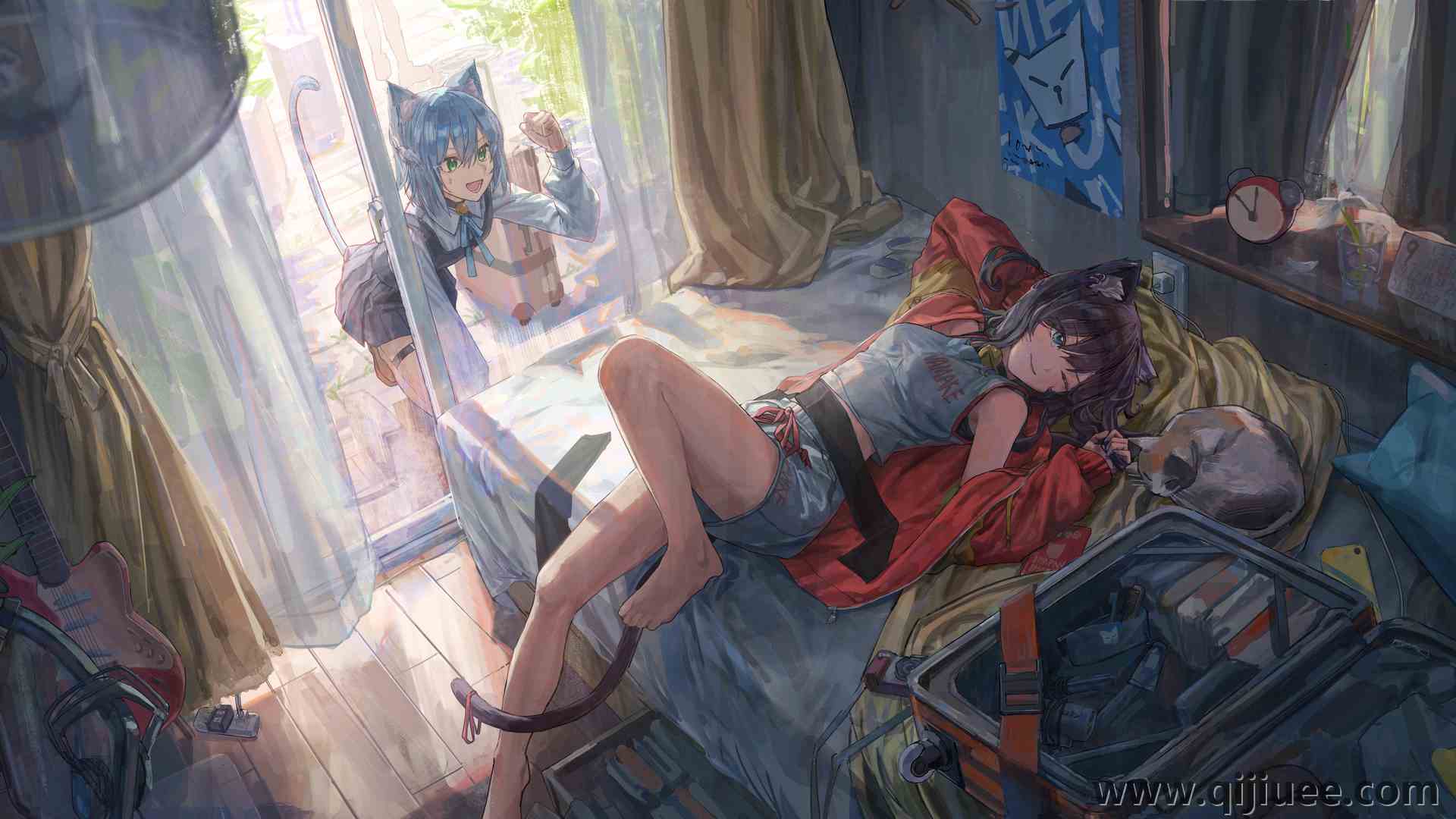 躺着 猫女孩 兽耳 动漫女孩 猫耳朵 猫尾巴  电脑壁纸 4K壁纸4685 x 2524/17.23 MB-柒染云阁