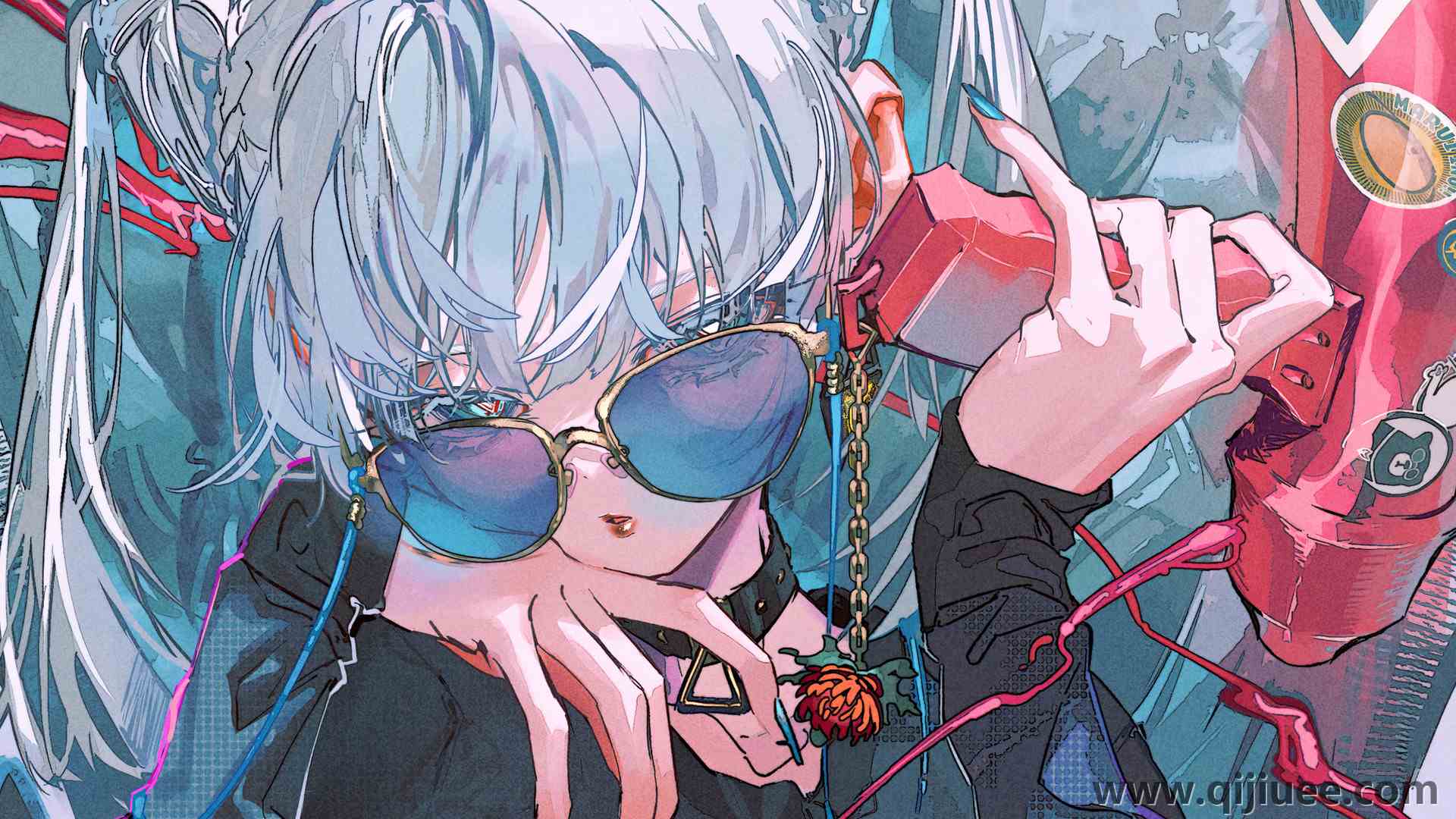蓝色头发 动漫女孩 护目镜 AI艺术 太阳镜  电脑壁纸 4K壁纸3840 x 2160/2.68 MB-柒染云阁