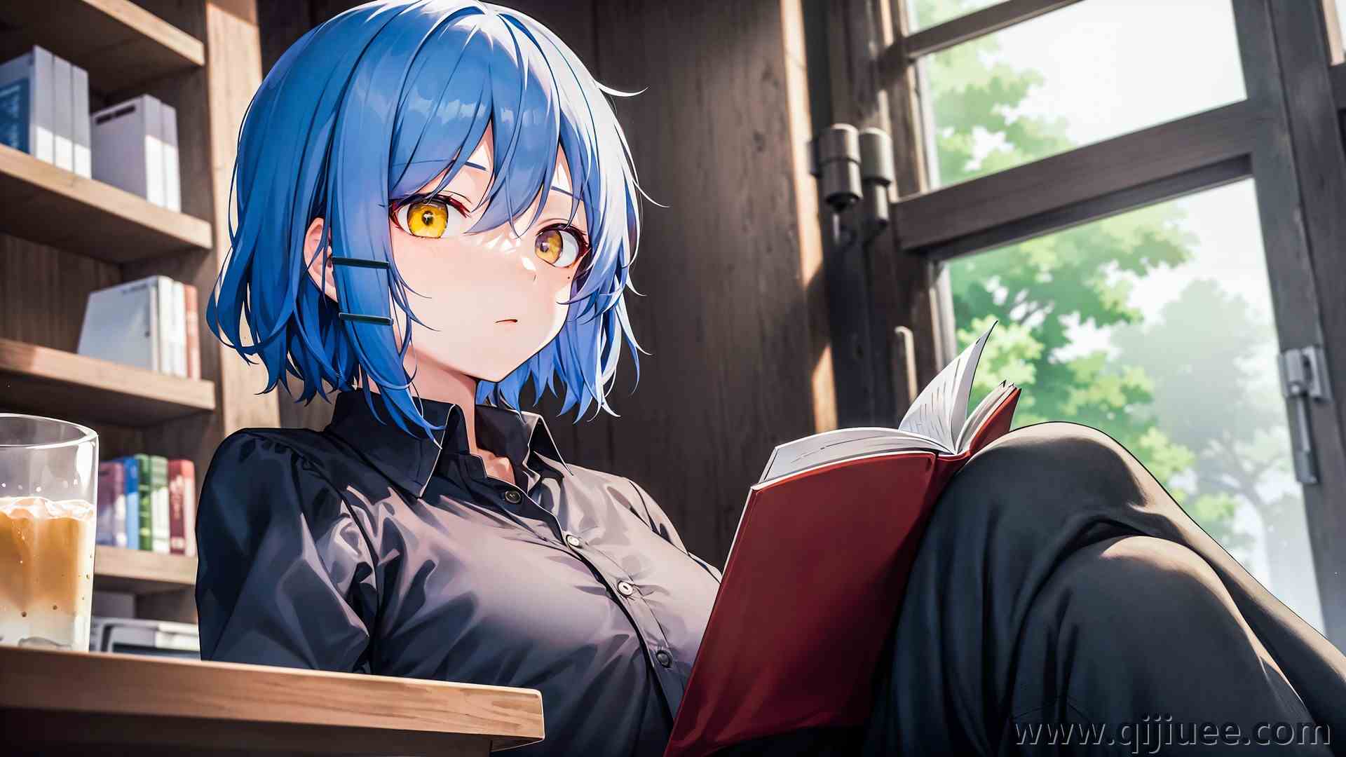 山田亮 动漫  看书的女孩 书籍 饮料 窗户  电脑壁纸 4K壁纸3840 x 2160/1.14 MB-柒染云阁