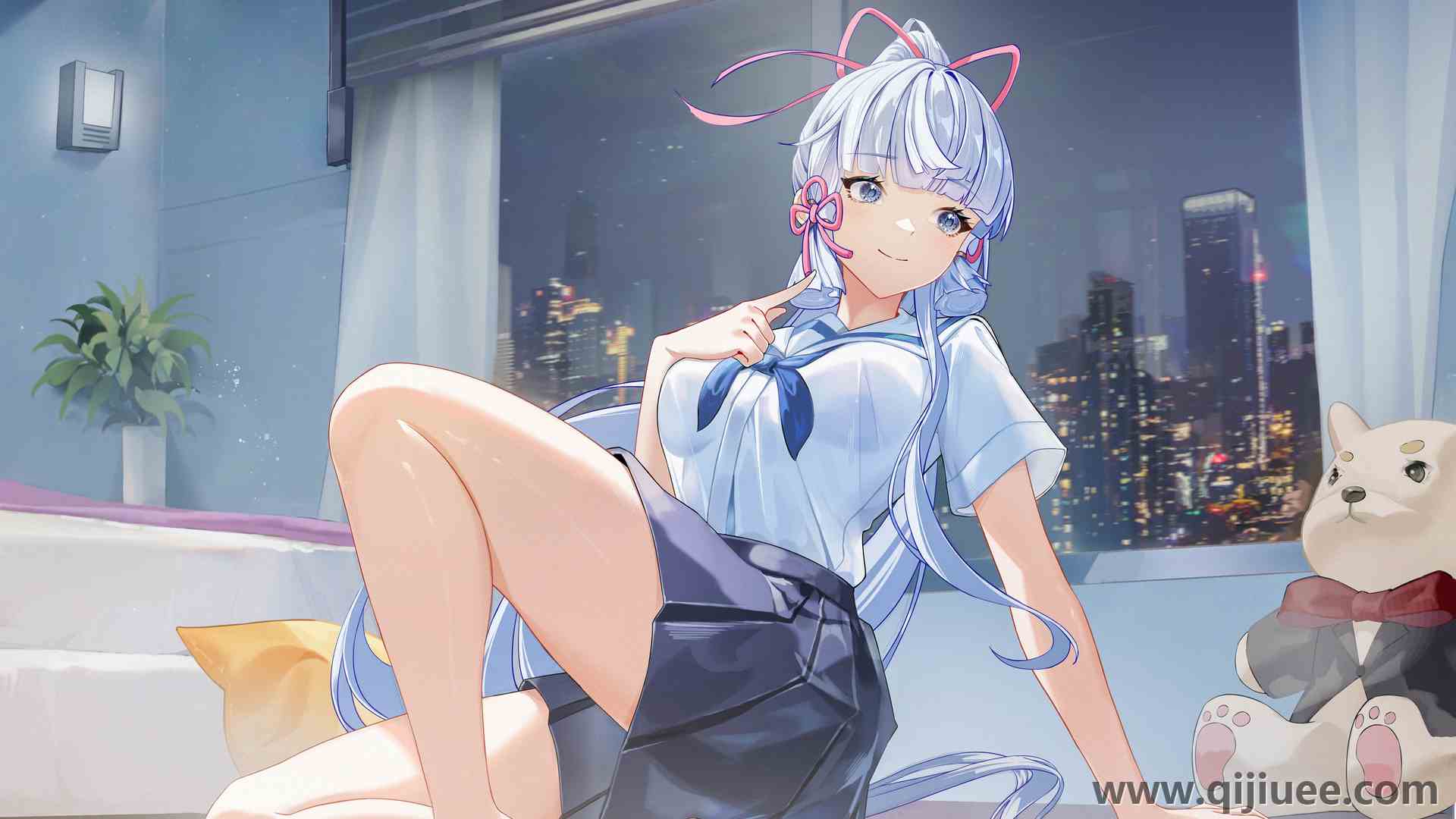 蓝头发 蓝眼睛 室内女人 女学生 侧视 马尾辫 微笑  电脑壁纸 4K壁纸3915 x 2597/13.73 MB-柒染云阁