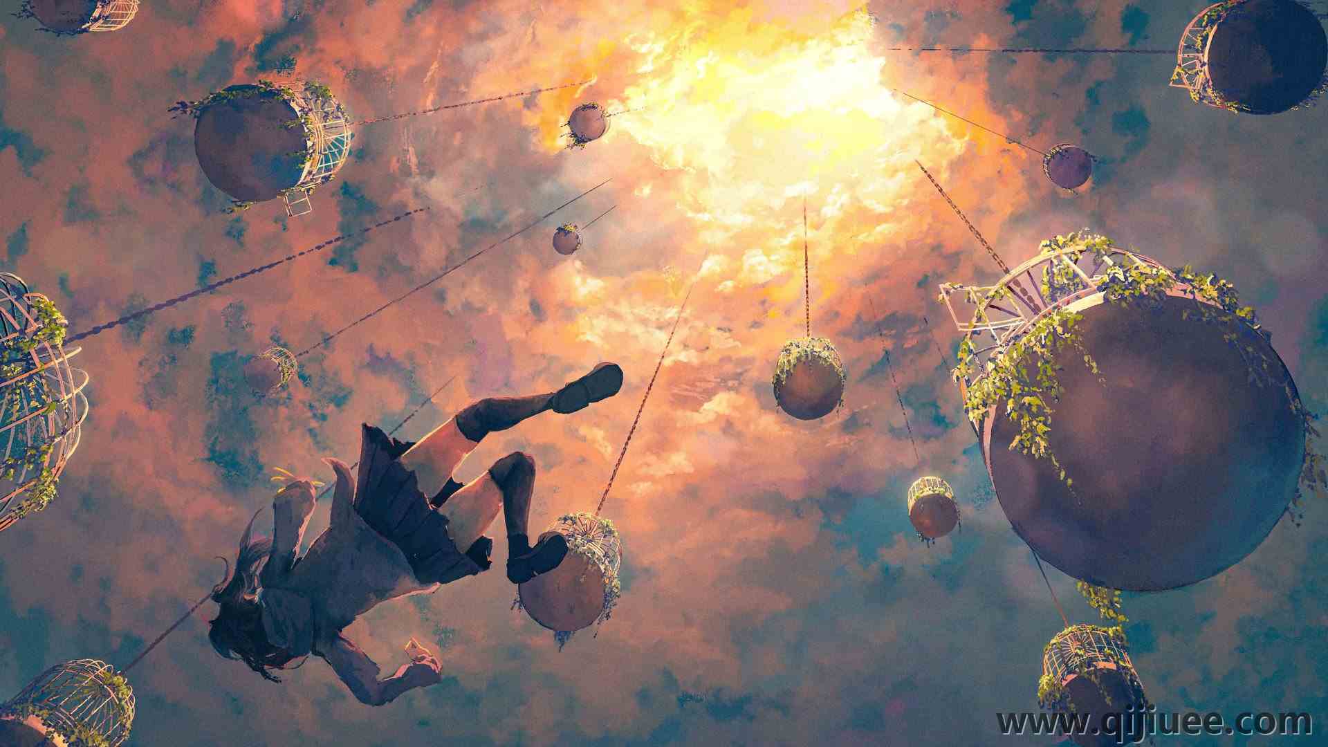 坠落 动漫女孩 低角 天空 兜帽 云  电脑壁纸 4K壁纸4096 x 2304/1.8 MB-柒染云阁