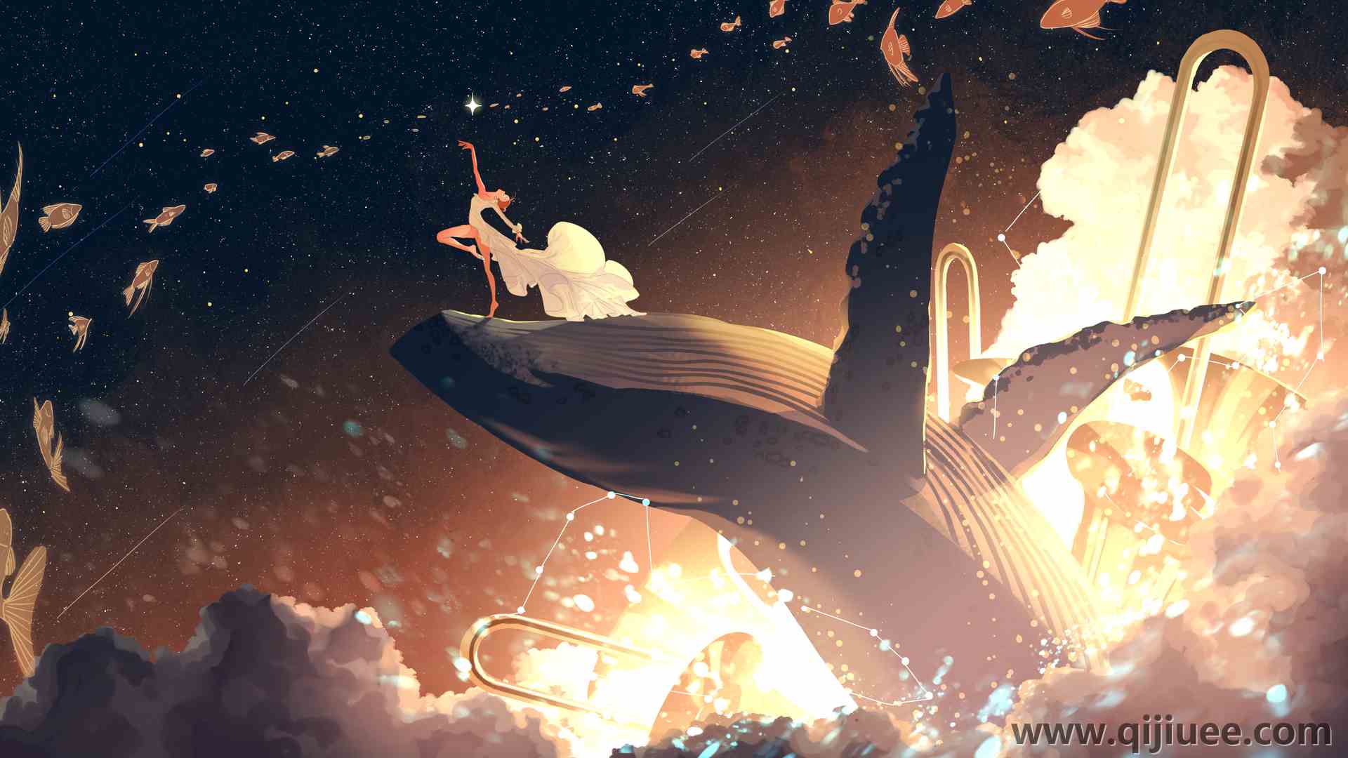太空 宇宙 鱼 云 鲸鱼 舞蹈  服装  电脑壁纸 4K壁纸 4096 x 2246/10.92 MB-柒染云阁