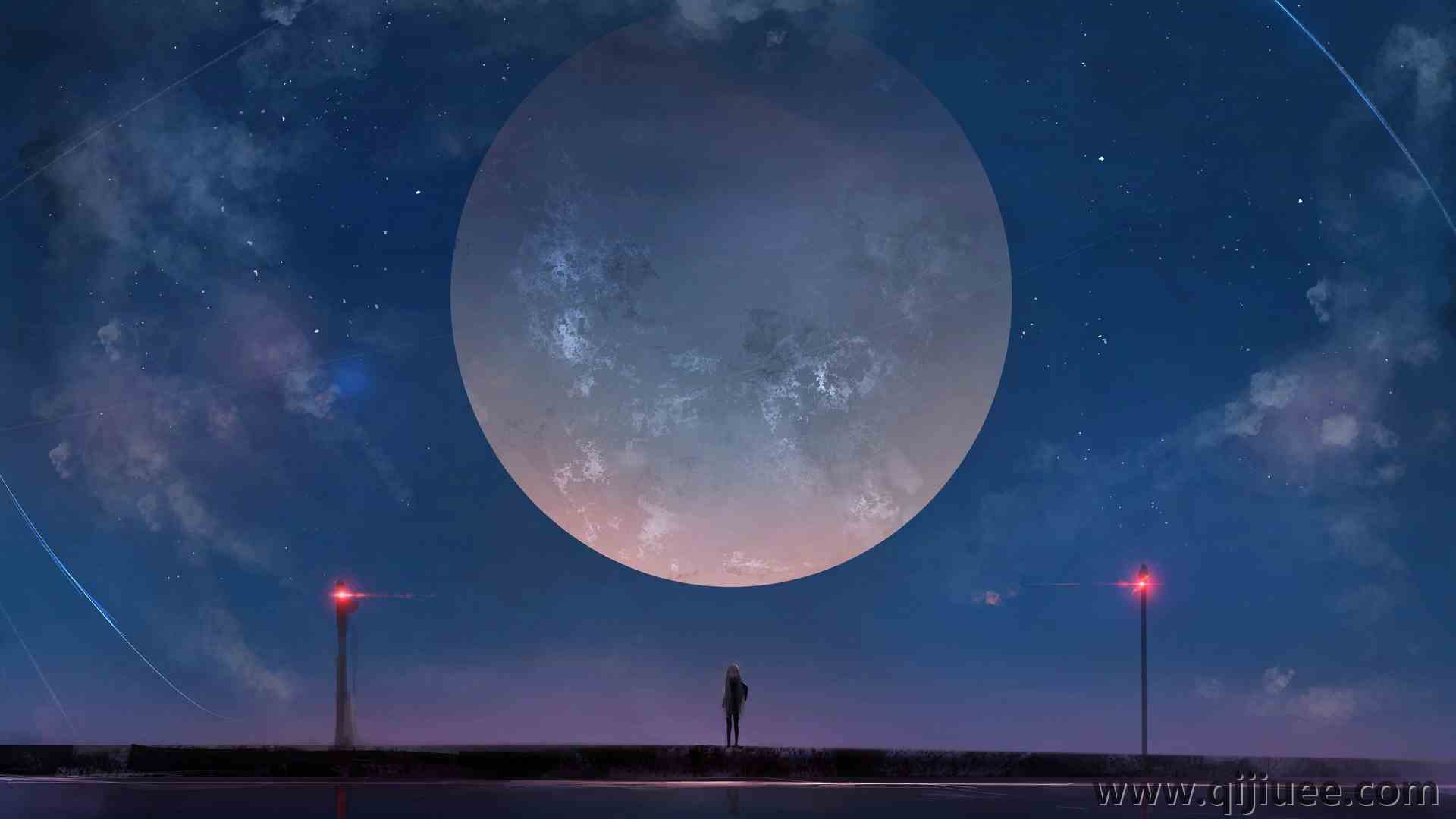 站立 月亮 AI艺术 星星 夜晚 黑暗 动漫女孩 电脑壁纸 4K壁纸4500 x 2967/4.68 MB-柒染云阁