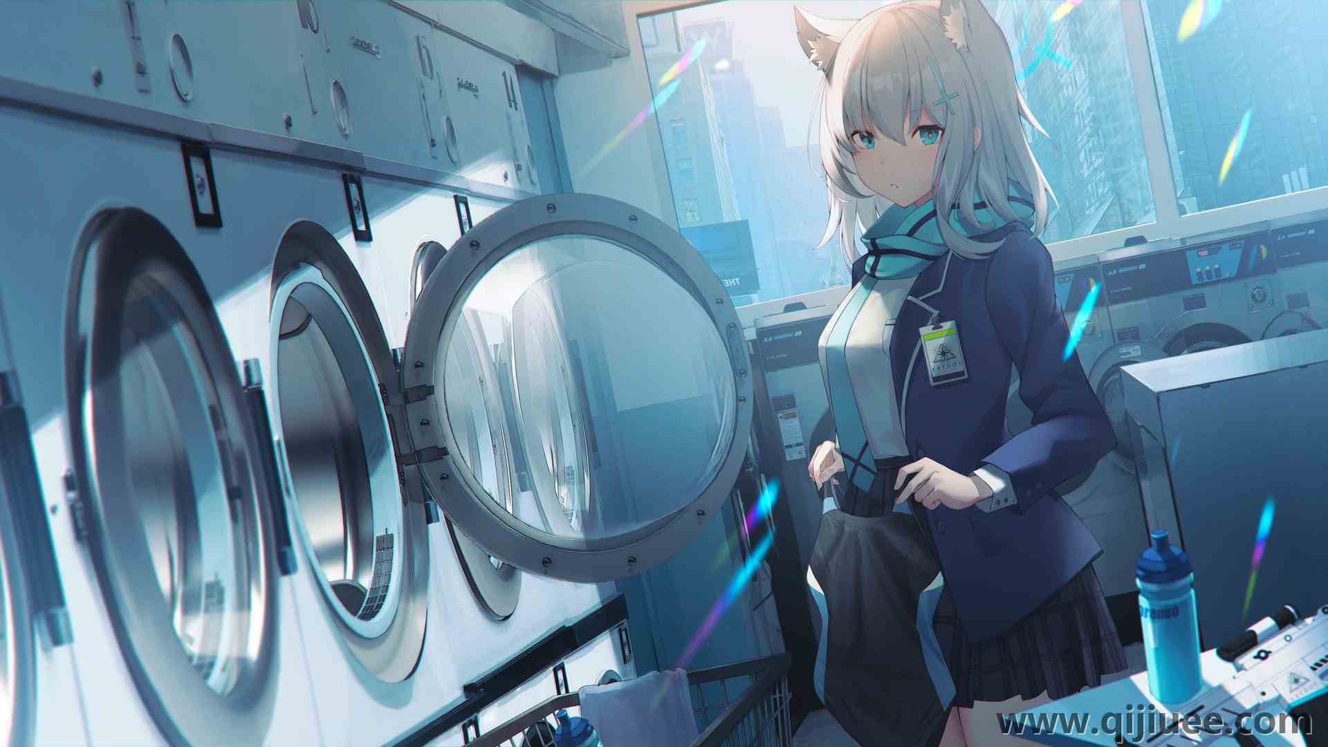 蓝眼睛 动漫 动漫女孩 自助洗衣店 银发  电脑壁纸 4K壁纸5760 x 3240/5.65 MB-柒染云阁