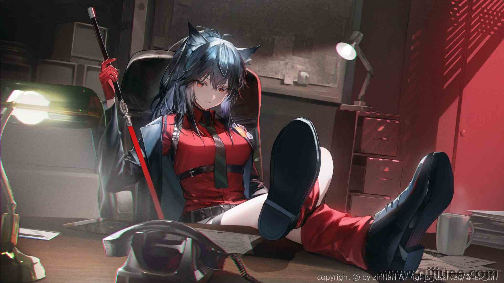 坐着 双腿交叉 狼耳朵 橙色的眼睛 长发 动漫 动漫女孩 电脑壁纸 4K壁纸4096 x 2315/1.83 MB-柒染云阁