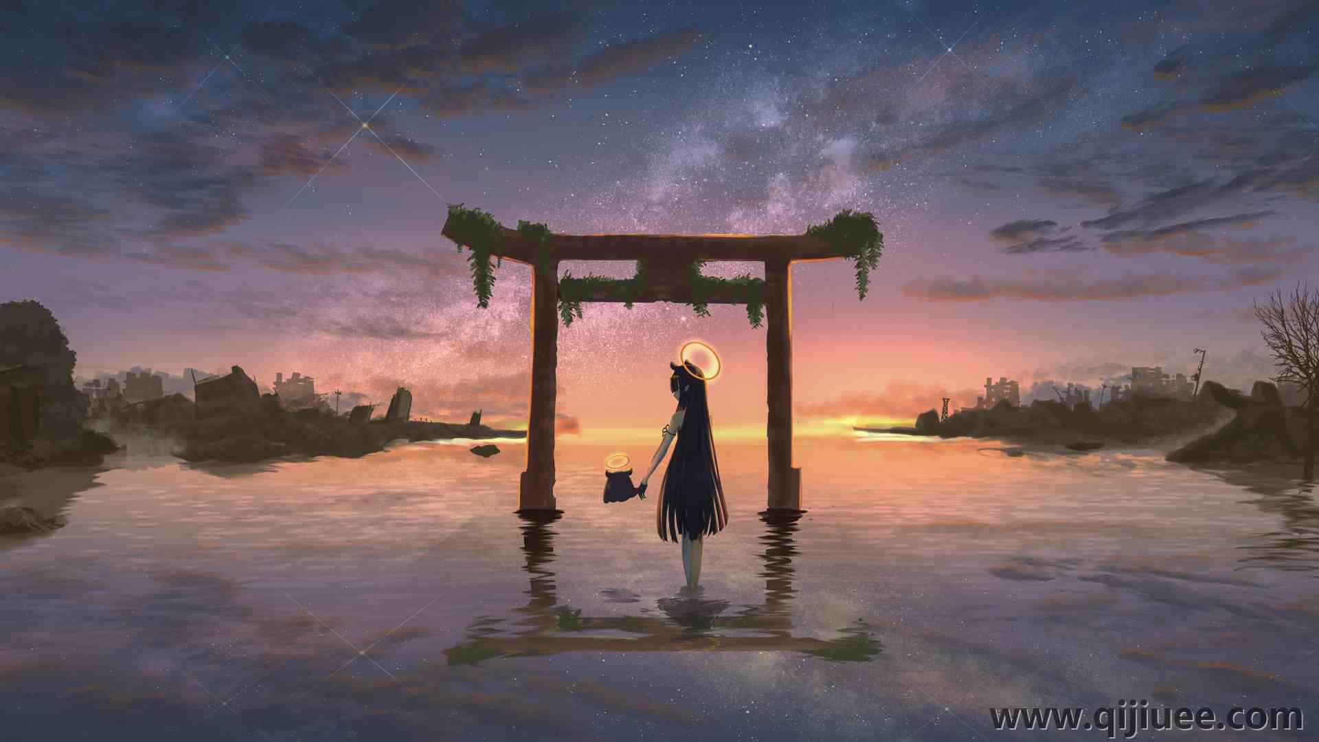湖里的女孩 光圈 牵手 苔藓的门 电脑壁纸 8K壁纸9832 x 3633/17.35 MB-柒染云阁