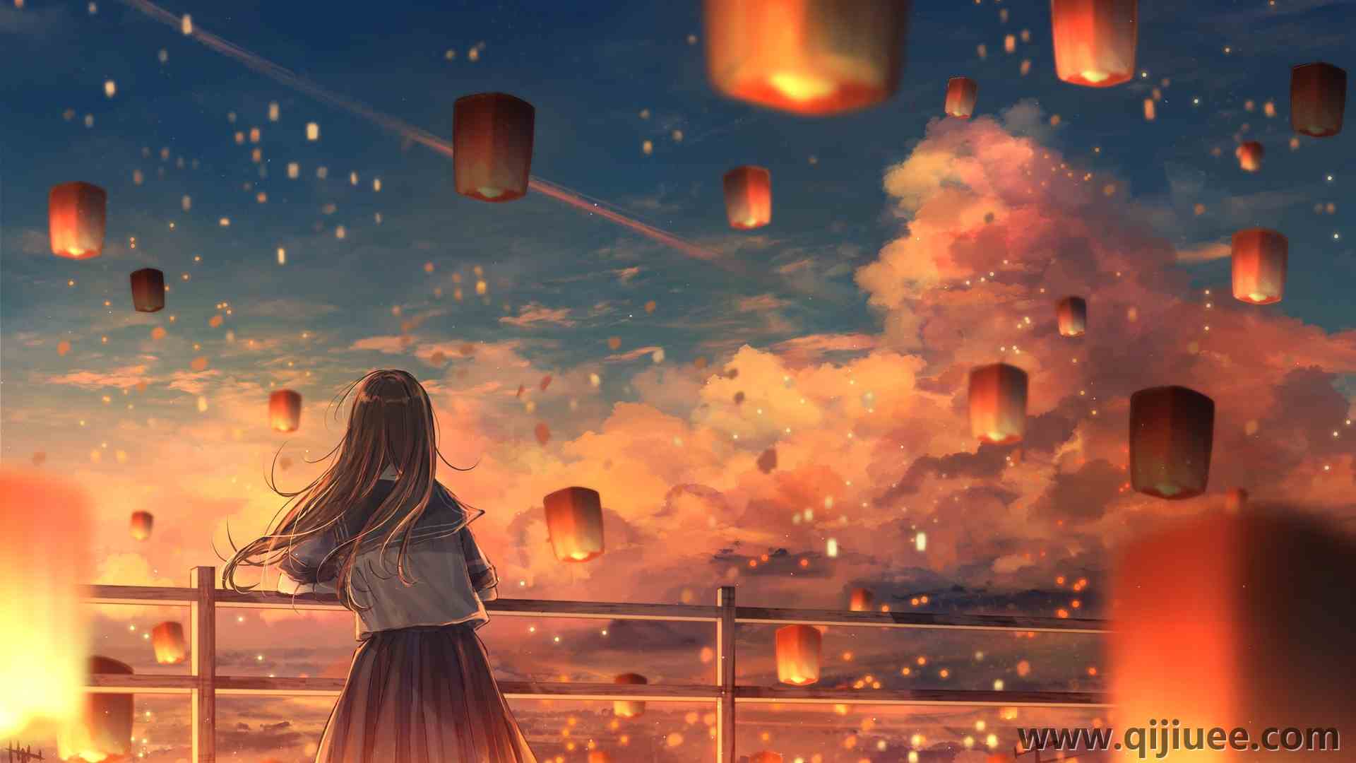 黑发 花森 动漫 动漫女孩 日落 天灯 夜灯 电脑壁纸 4K壁纸3992 x 2632/1.62 MB-柒染云阁