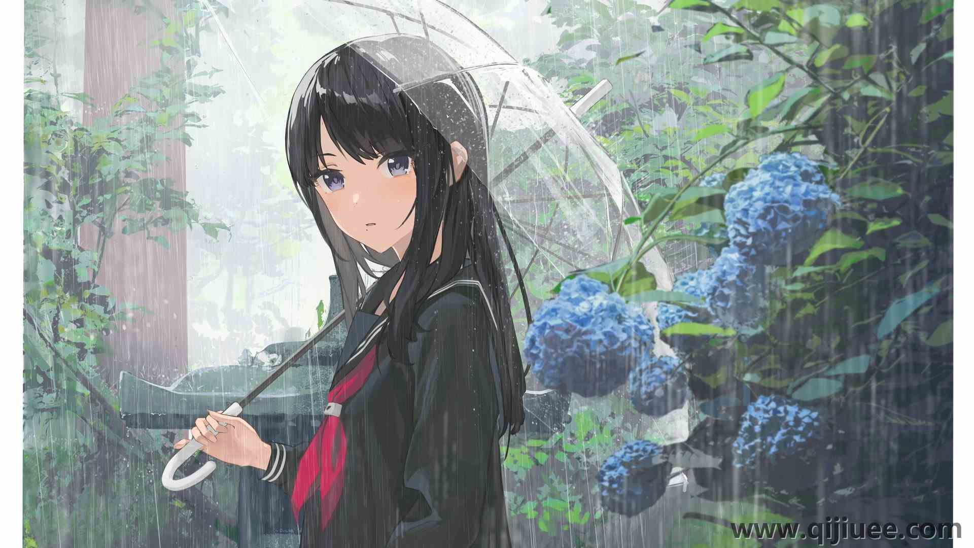 动漫女孩 雨 伞 花 校服 树叶  电脑壁纸 4K壁纸4096 x 2836/1.29 MB-柒染云阁