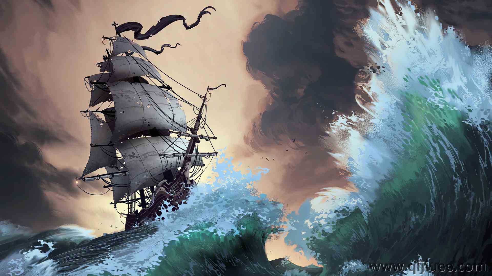 AI艺术 船 风暴 波浪 海盗船  电脑壁纸 4K壁纸3840 x 2160/10.91 MB-柒染云阁