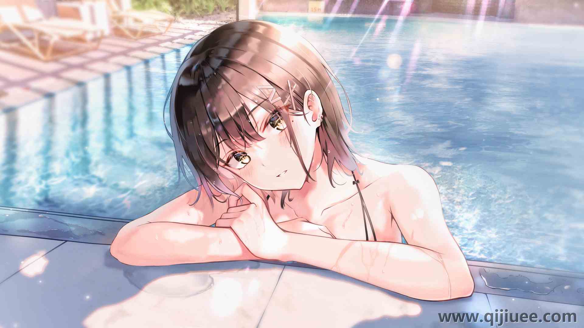 动漫 动漫女孩 艺术作品 棕色眼睛  游泳池  电脑壁纸 4K壁纸6669 x 3433/10.35 MB-柒染云阁
