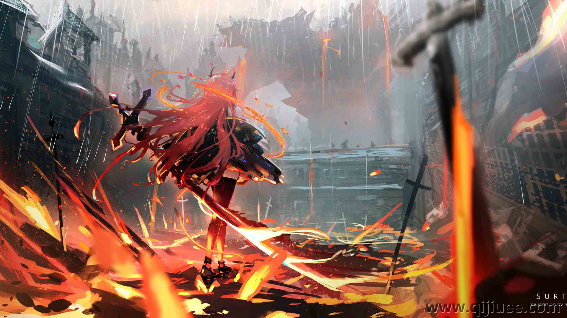 明日方舟 动漫女孩 武器 火 号角 雨 电脑壁纸 4K壁纸6000 x 3000/16.72 MB-柒染云阁